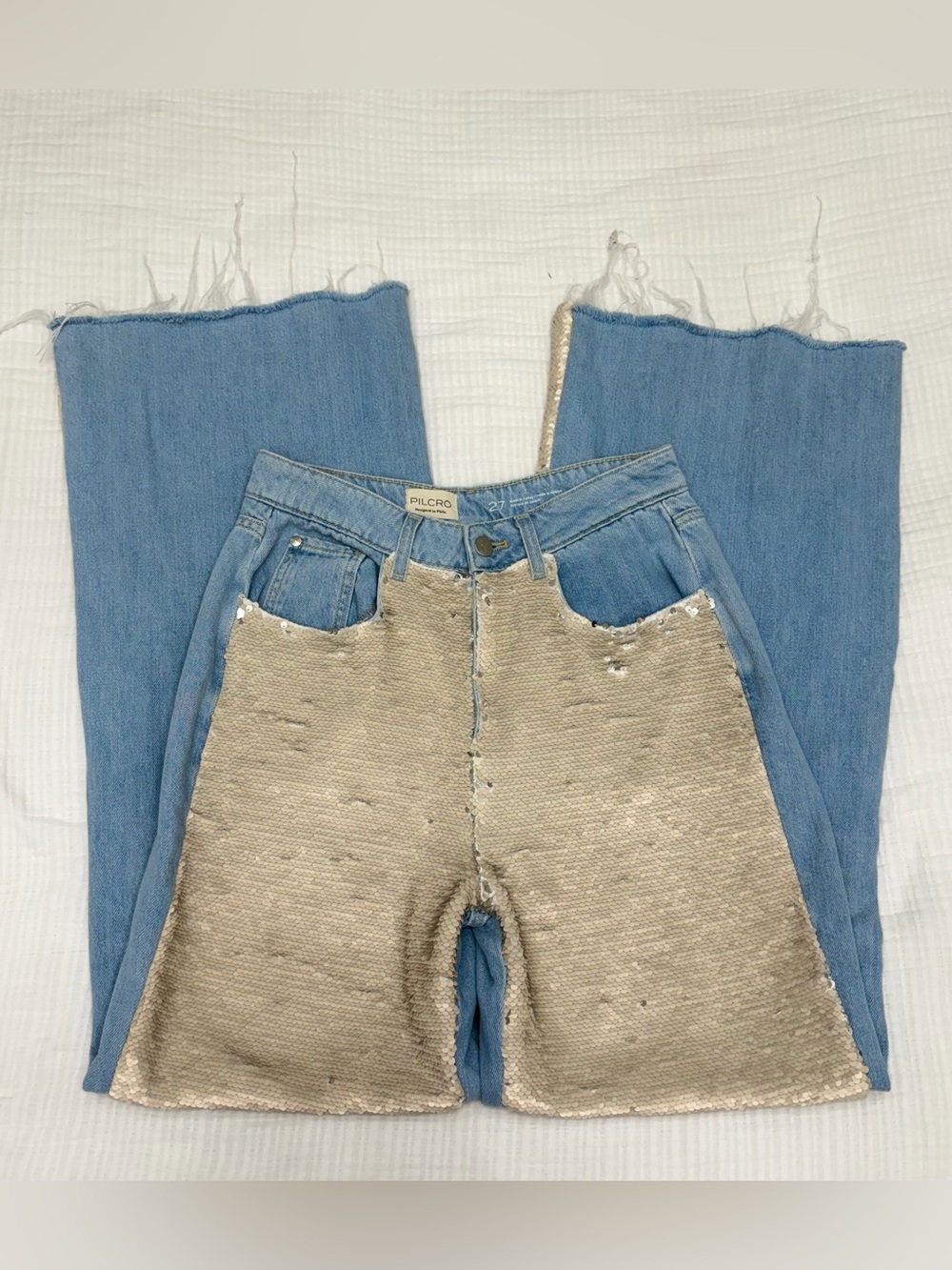 pilcro anthropologie sequin panel wide leg jeans